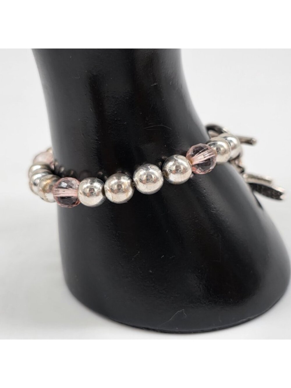 Dragonfly Charm Beaded Bracelet Toggle Clasp Silver & Pink Accents 8" Long - Picture 3 of 7